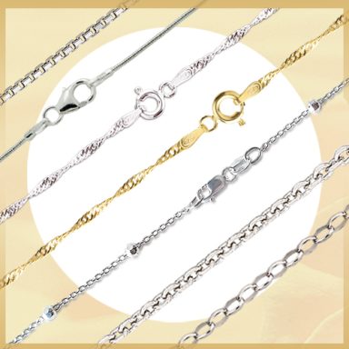 Verschiedene Halsketten in Silber und Gold mit unterschiedlichen Gliedern und Verschlüssen